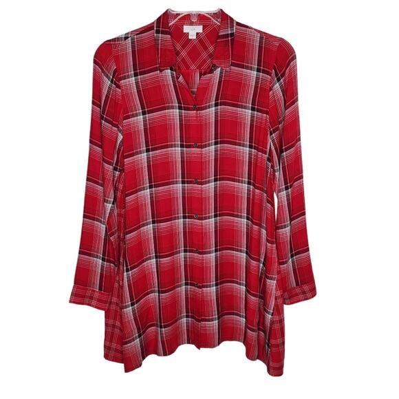 J. Jill Red Plaid Long Sleeve Button Front Tunic Shirt S - Picture 1 of 6